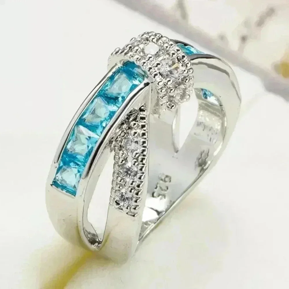 🎀925 Silver Plated Sea Blue CZ Punk Party Cocktail Ring for Women, GPMB1405